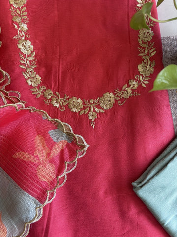 Kota Silk Dupatta with Silk Cotton Unstitched Set – Tomato & Pista Green