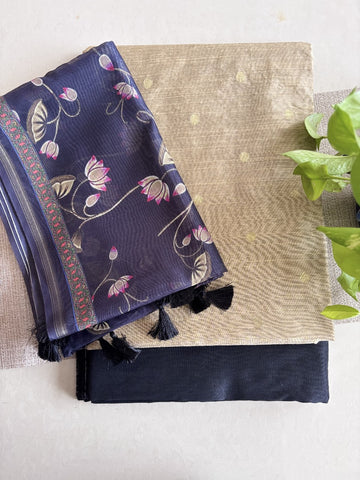 Pichwai Chanderi Dupatta with Raw Silk Cotton Unstitched Set – Offwhite & Black