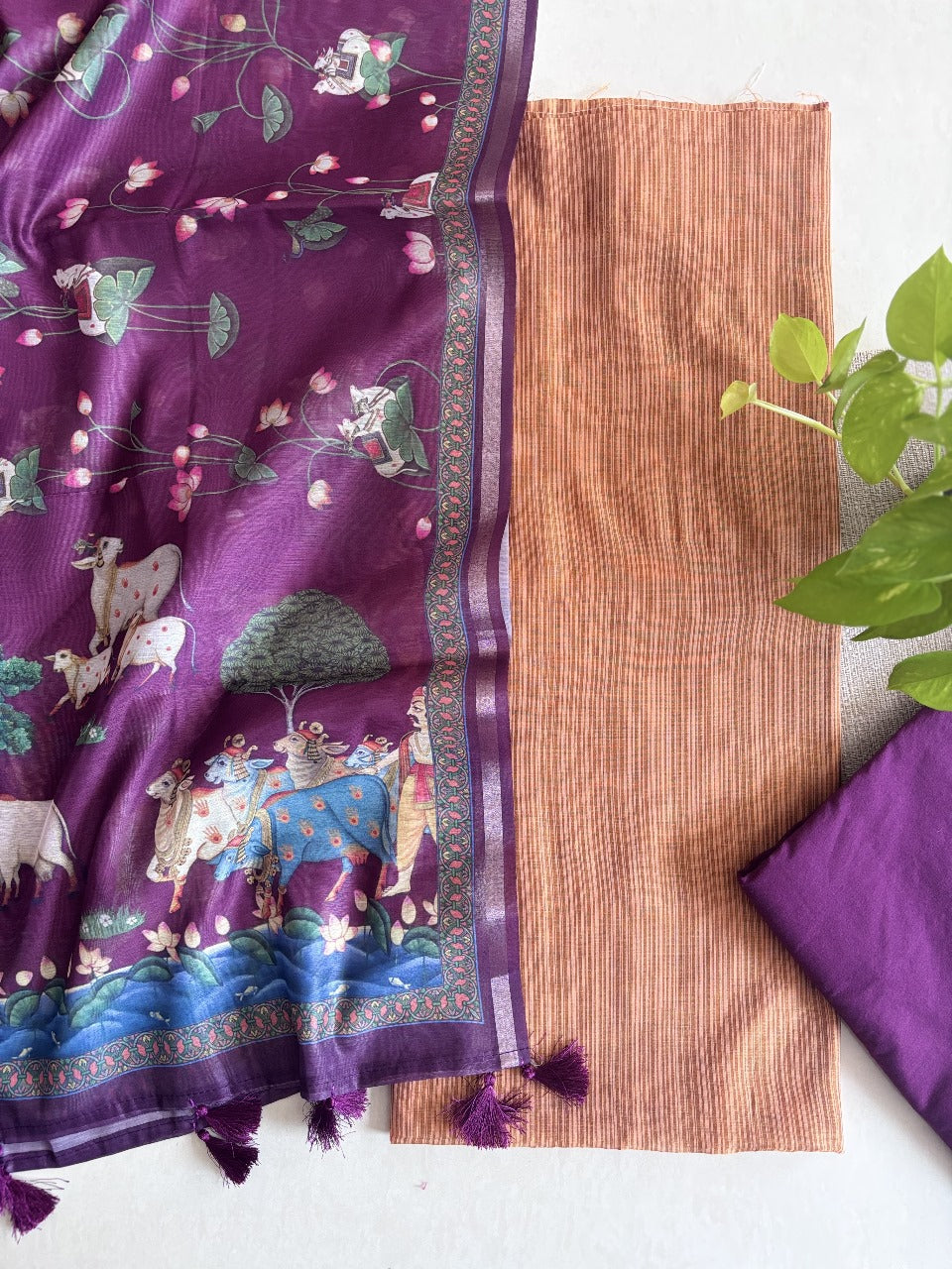 Pichwai Chanderi Dupatta with Chanderi Unstitched Set – Rust & Wine