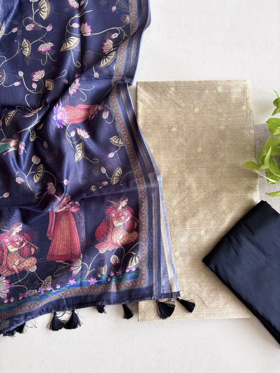 Pichwai Chanderi Dupatta with Raw Silk Cotton Unstitched Set – Offwhite & Black