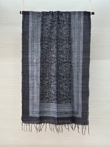 Tussar Ghicha Silk Black Dupatta with Block Print