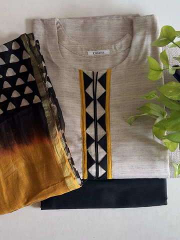 Beige Cotton Silk Unstitched Suit Set with Black & Yellow Chanderi Hand Block Dupatta