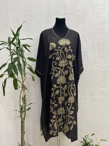 Hand Painted Pen Kalamkari Silk Kaftan Kurta Style Black Color