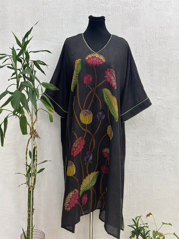 Hand Painted Pen Kalamkari Silk Kaftan Kurta Style Black1 Color