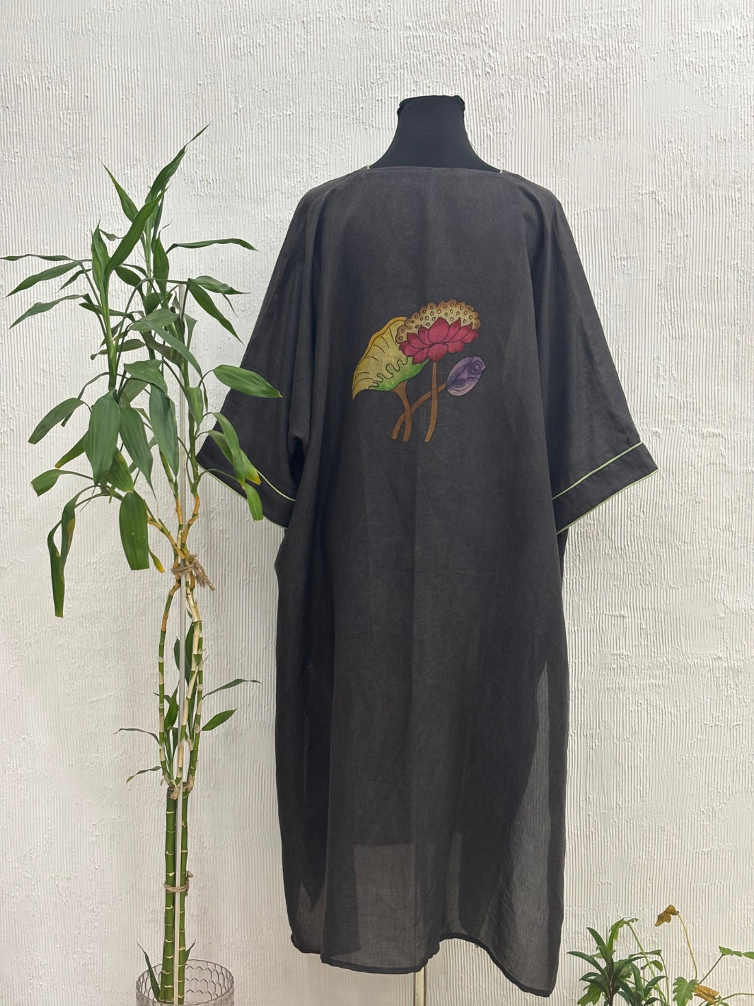 Hand Painted Pen Kalamkari Silk Kaftan Kurta Style Black1 Color