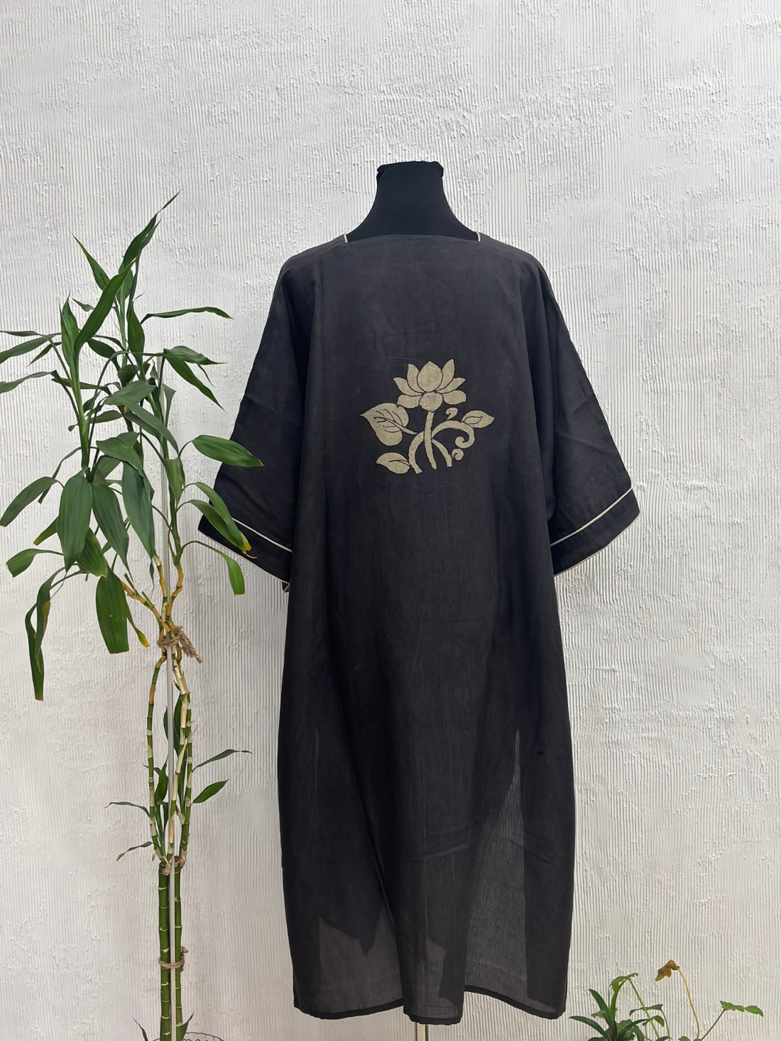 Hand Painted Pen Kalamkari Silk Kaftan Kurta Style Black Color
