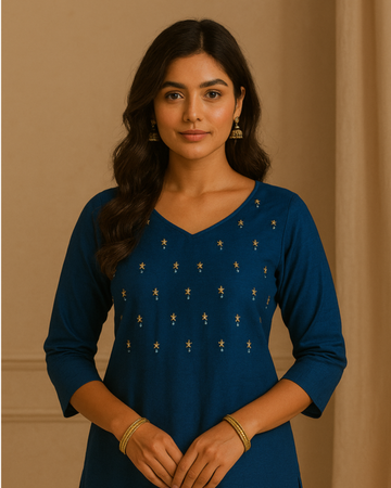 Blue Kurta Fabric with Golden Thread