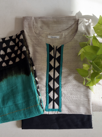 Beige Cotton Silk Unstitched Suit Set with Black & Green Chanderi Hand Block Dupatta