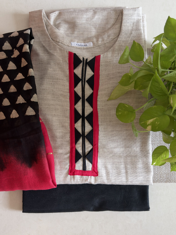 Beige Cotton Silk Unstitched Suit Set with Black & Pink Chanderi Hand Block Dupatta