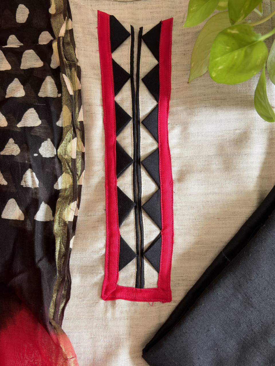 Beige Cotton Silk Unstitched Suit Set with Black & Pink Chanderi Hand Block Dupatta