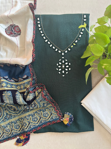 Cotton Ajrakh Applique Work Dupatta with Cotton Unstitched Kurta Set