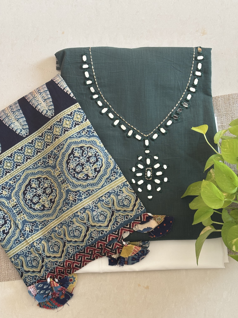 Cotton Ajrakh Applique Work Dupatta with Cotton Unstitched Kurta Set