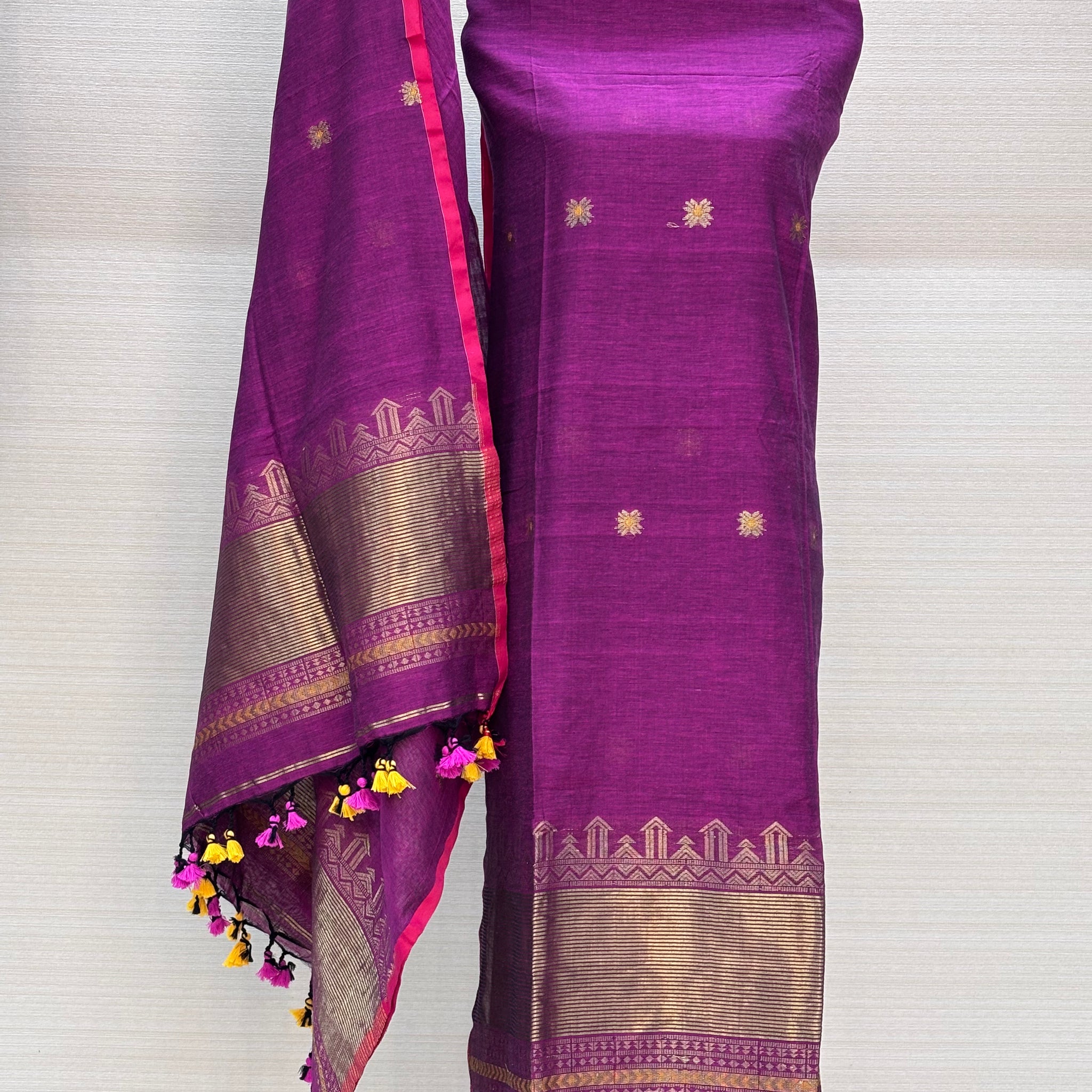 Jamdani Weave Cotton Unstitched Suit Set – Elegant in Magenta
