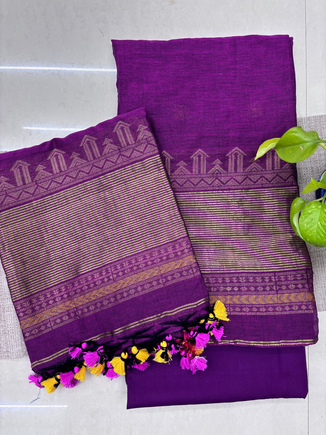 Jamdani Weave Cotton Unstitched Suit Set – Elegant in Magenta