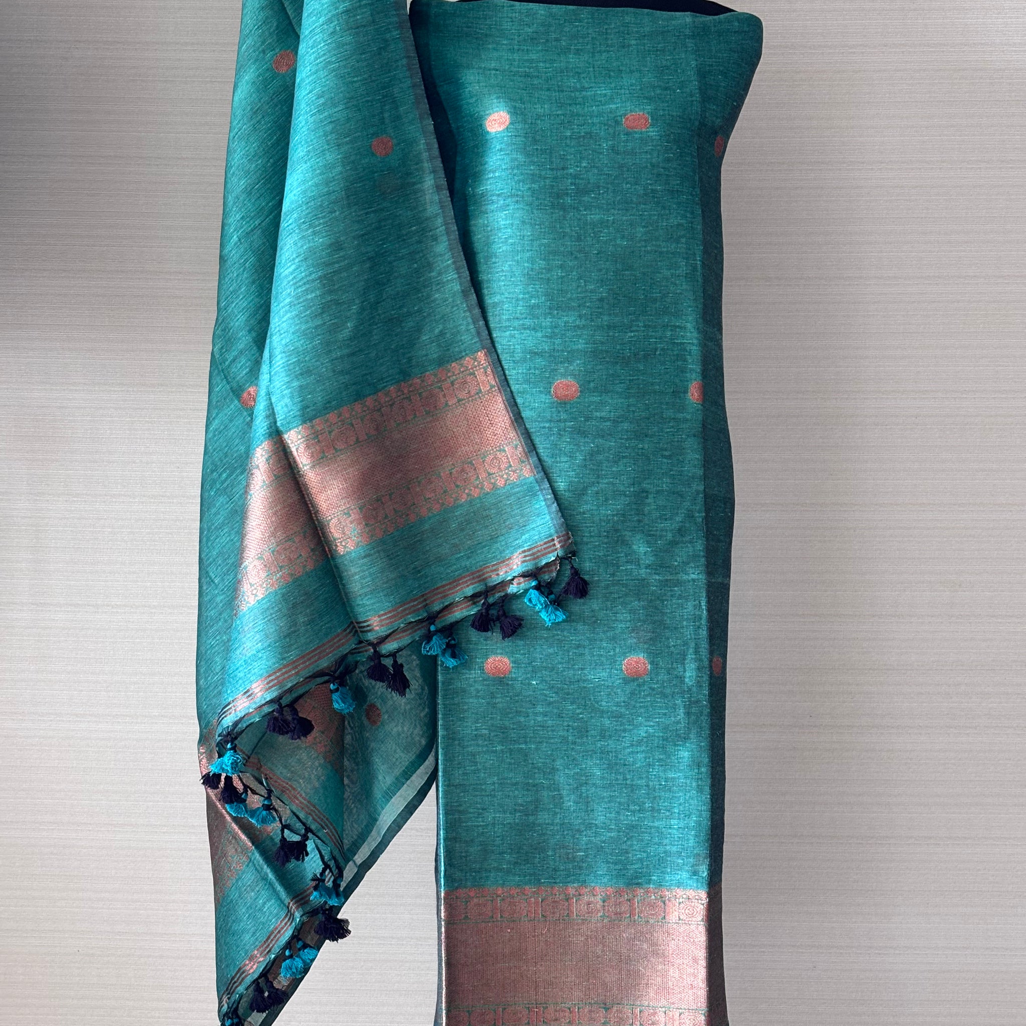 Jamdani Weave Linen Silk Unstitched Suit Set – Serene Sea Green