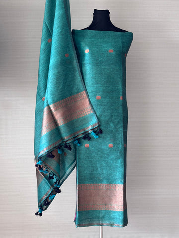 Jamdani Weave Linen Silk Unstitched Suit Set – Serene Sea Green