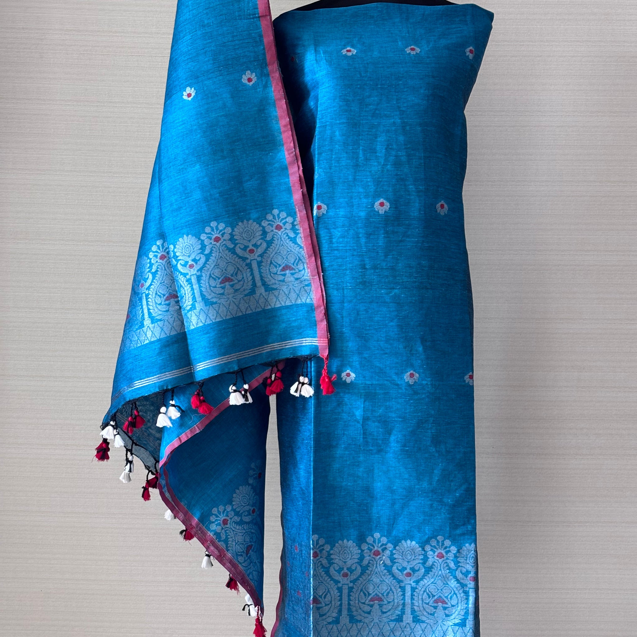 Jamdani Weave Linen Silk Unstitched Suit Set – Elegant in Blue