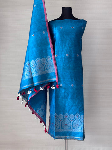 Jamdani Weave Linen Silk Unstitched Suit Set – Elegant in Blue