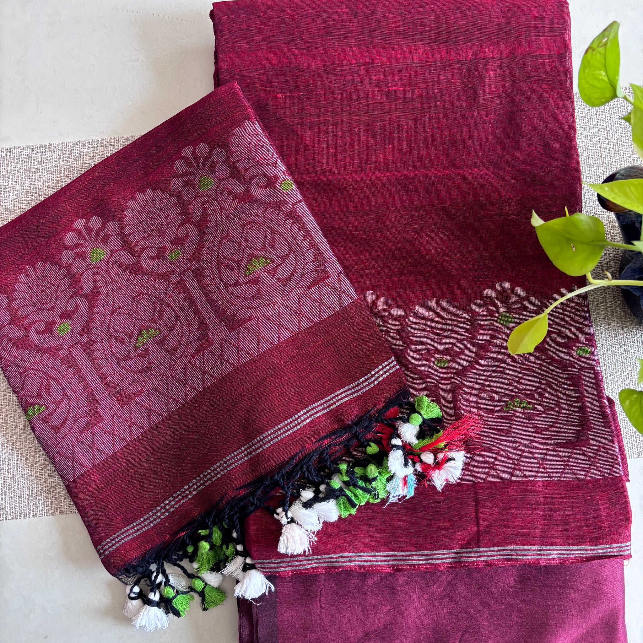 Jamdani Weave Linen Silk Unstitched Suit Set – Graceful in Maroon
