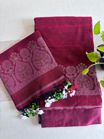 Jamdani Weave Linen Silk Unstitched Suit Set – Graceful in Maroon
