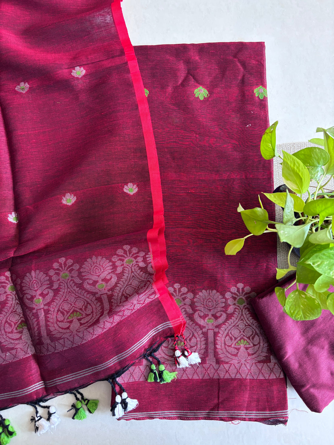 Jamdani Weave Linen Silk Unstitched Suit Set – Graceful in Maroon