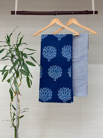 Cotton Hand Block Indigo Floral Printed Co-Ord Set (Top & Bottom)