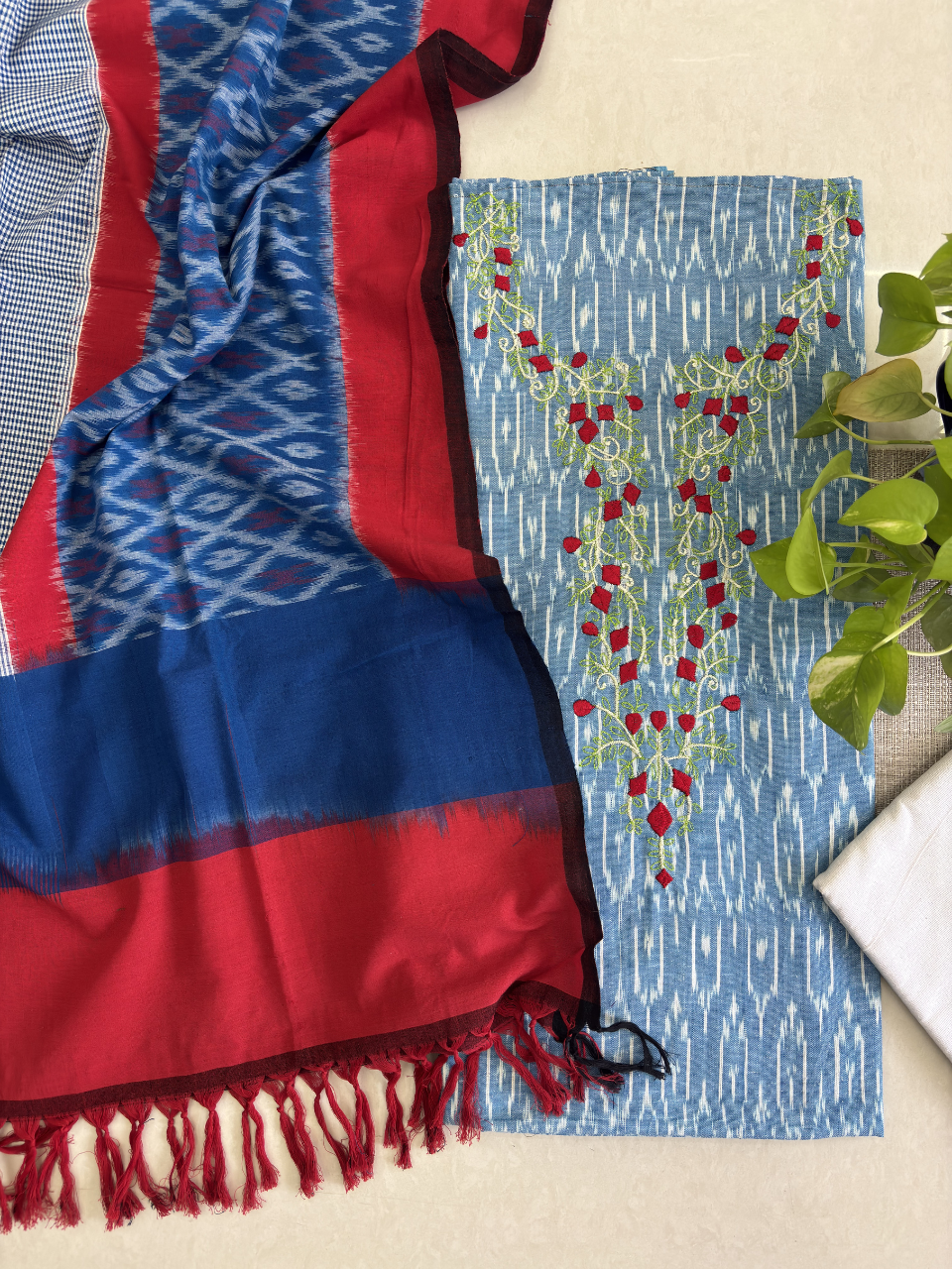 Ikkat Cotton Unstitched Kurta Set with Dupatta
