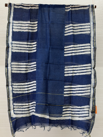 Indigo Hand Block Printed Chanderi Silk Dupatta