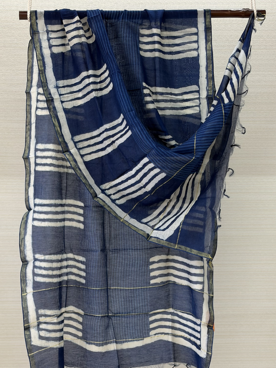 Indigo Hand Block Printed Chanderi Silk Dupatta