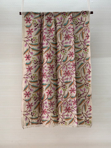 Tussar Silk Dupatta with Kantha Work & Block Print