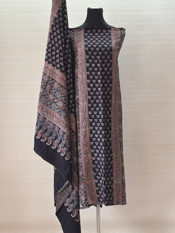 Modal Silk Jacquard Ajrakh Block Printed Dress Material - Midnight Black