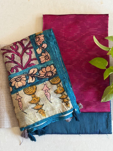 Muslin Silk Dupatta Pink Grey with Silk Cotton Ikkat Unstitched Set