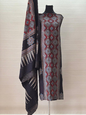 Modal Silk Jacquard Ajrakh Block Printed Dress Material - Navy Maroon Fusion