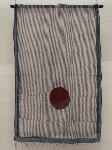 Big Maroon Circle Hand Block Printed Pure Linen Dupatta