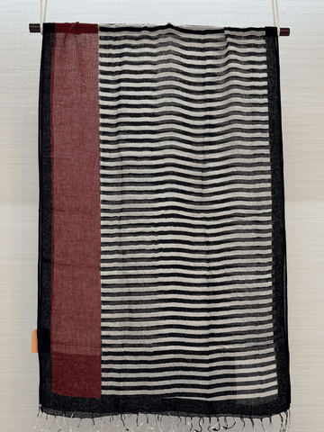 Hand Block Printed Pure Linen Dupatta with Lines & MRN Design