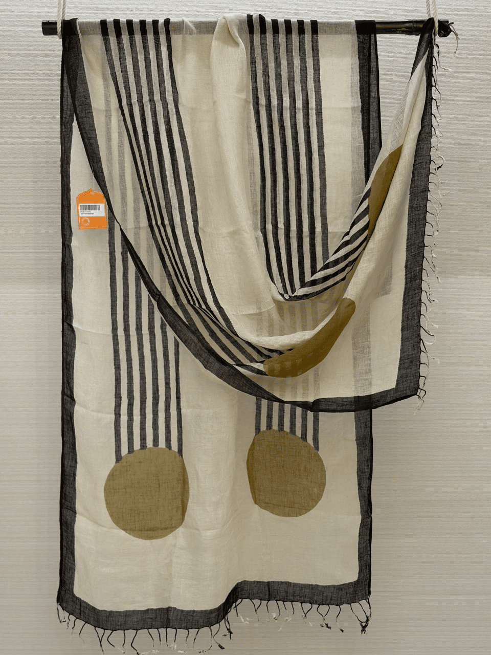 Hand Block Printed Pure Linen Dupatta – Lines & Mustard Design