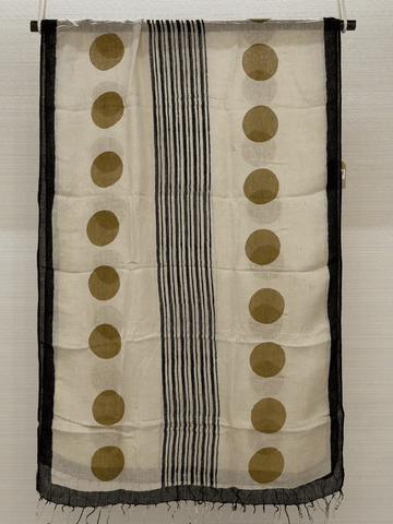 Mustard Small Circles Hand Block Printed Pure Linen Dupatta