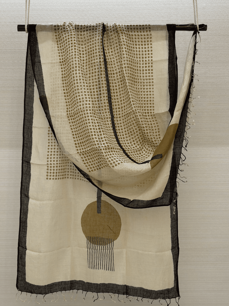 Mustard Hand Block Printed Pure Linen Dupatta with Big Circle Design