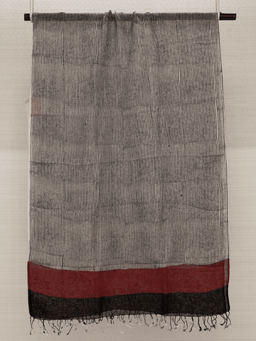 Black Thin Lines Hand Block Printed Pure Linen Dupatta