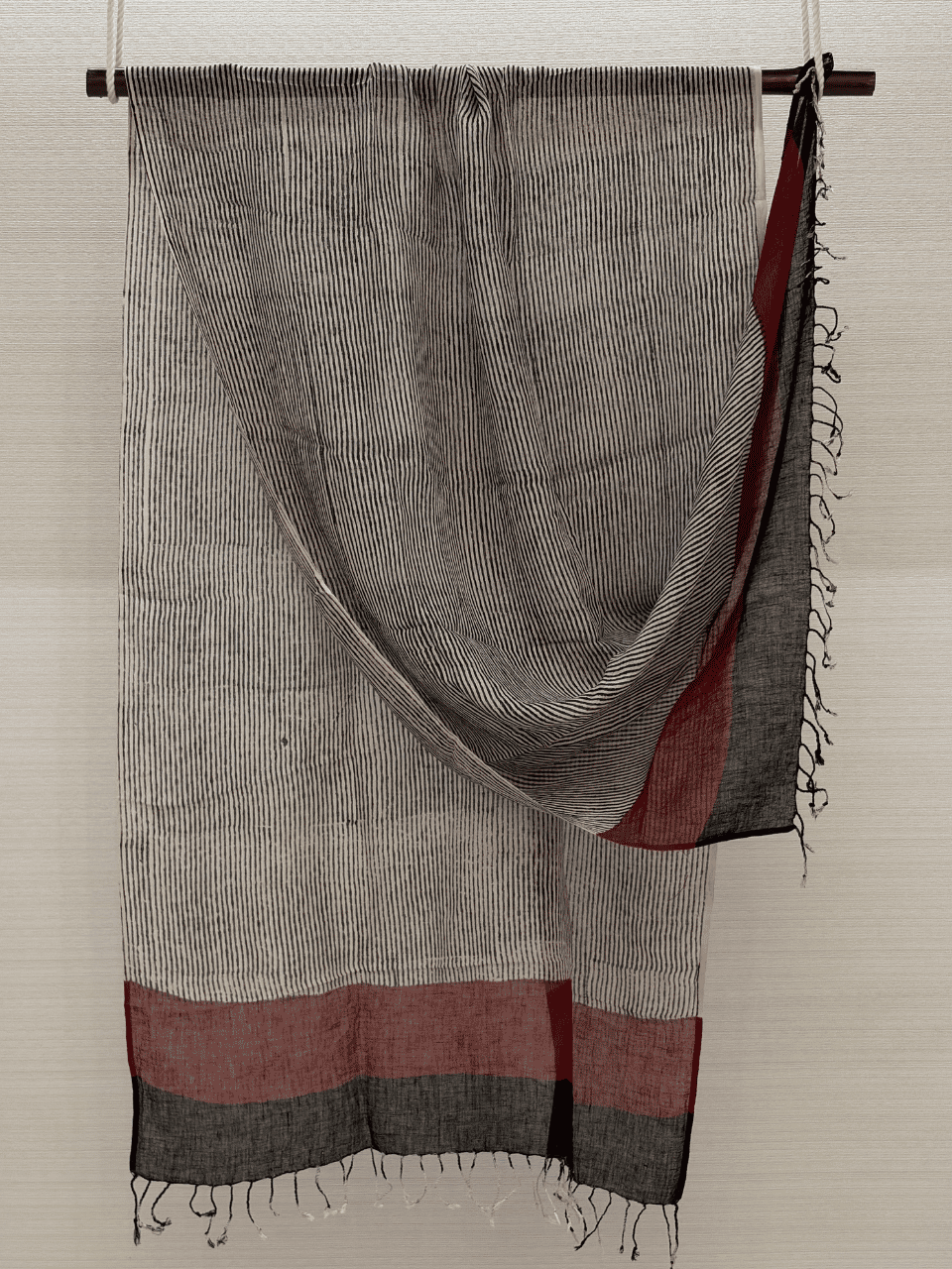 Black Thin Lines Hand Block Printed Pure Linen Dupatta