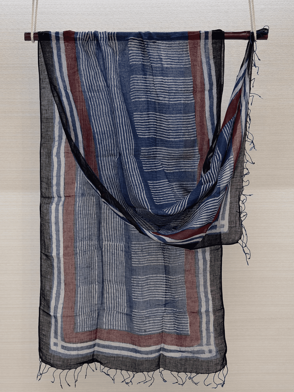 Blue Hand Block Printed Pure Linen Dupatta