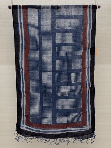 Blue Hand Block Printed Pure Linen Dupatta