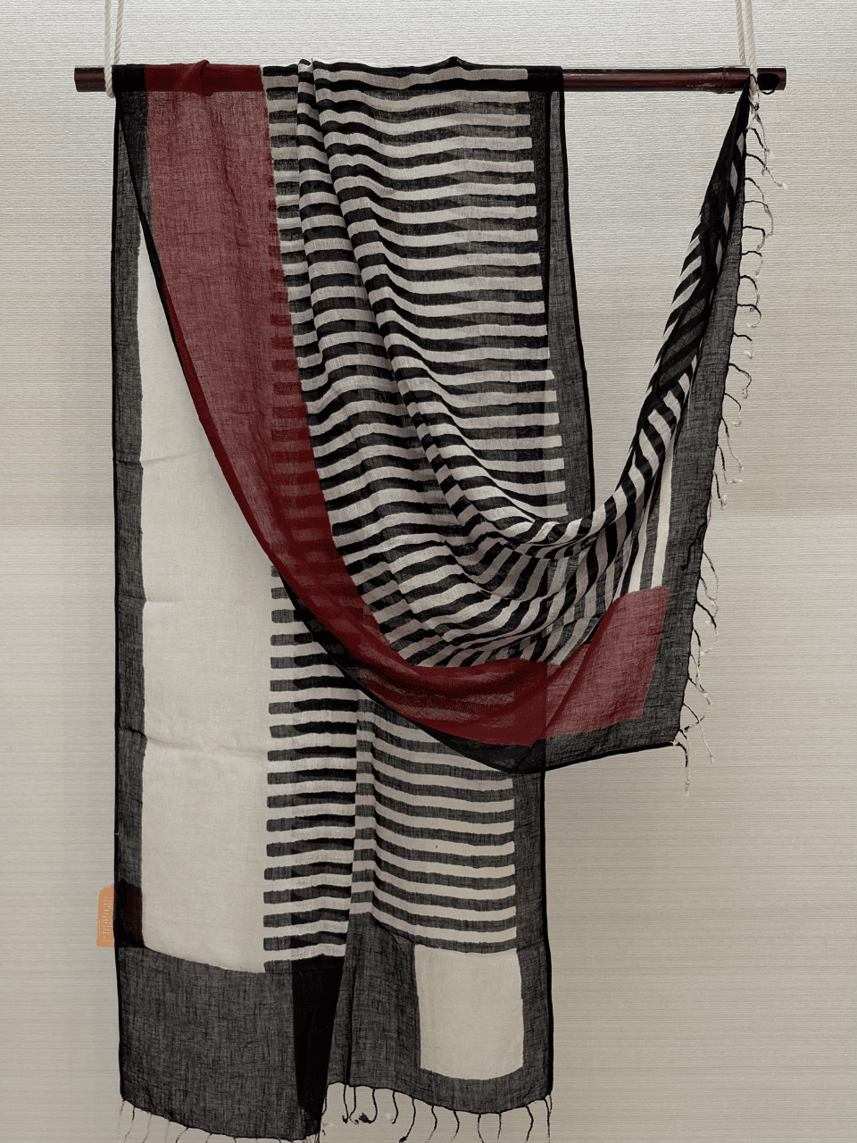 Hand Block Printed Pure Linen Dupatta with Lines & MRN Design