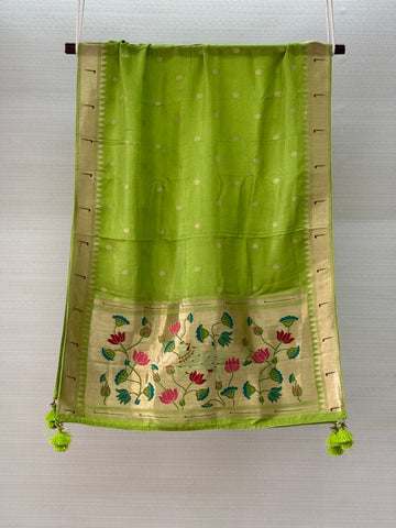 Pure Semi Silk Parrot Green Paithani Dupatta with Muniya Border