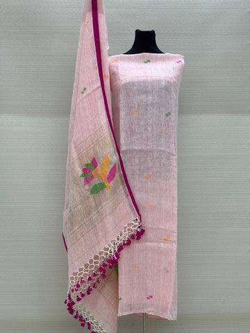 Pure Linen Jamdani Weave Unstitched Suit Set - pink