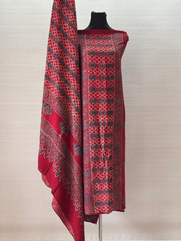 Modal Silk Jacquard Ajrakh Block Printed Dress Material - Royal Crimson Red