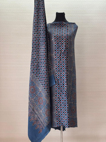 Modal Silk Jacquard Ajrakh Block Printed Dress Material - Steel Blue