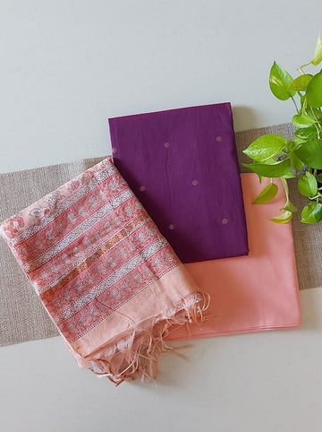 Chanderi Silk Dupatta with Maheshwari Purple Handloom Unstitched  Set