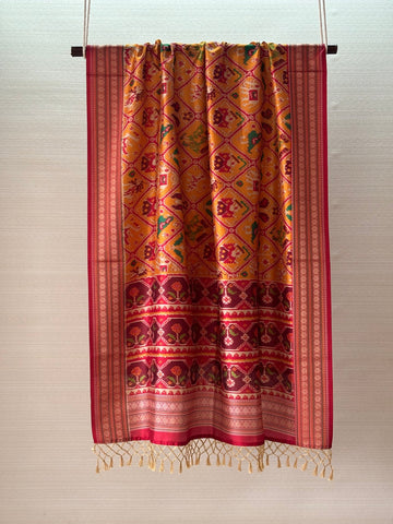 Cotton Silk Patola Weave Yellow Dupatta with Narayanpeth Border