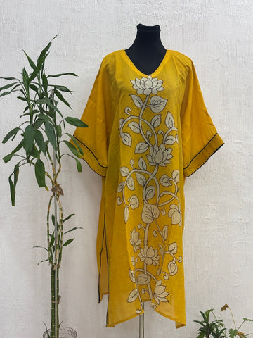 Hand Painted Pen Kalamkari Silk Kaftan Kurta Style Yellow